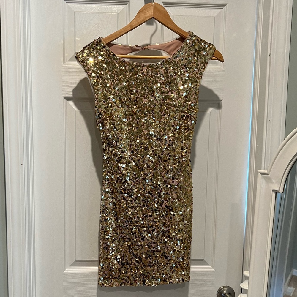 NWT- Gold Sequin Open Back Dress